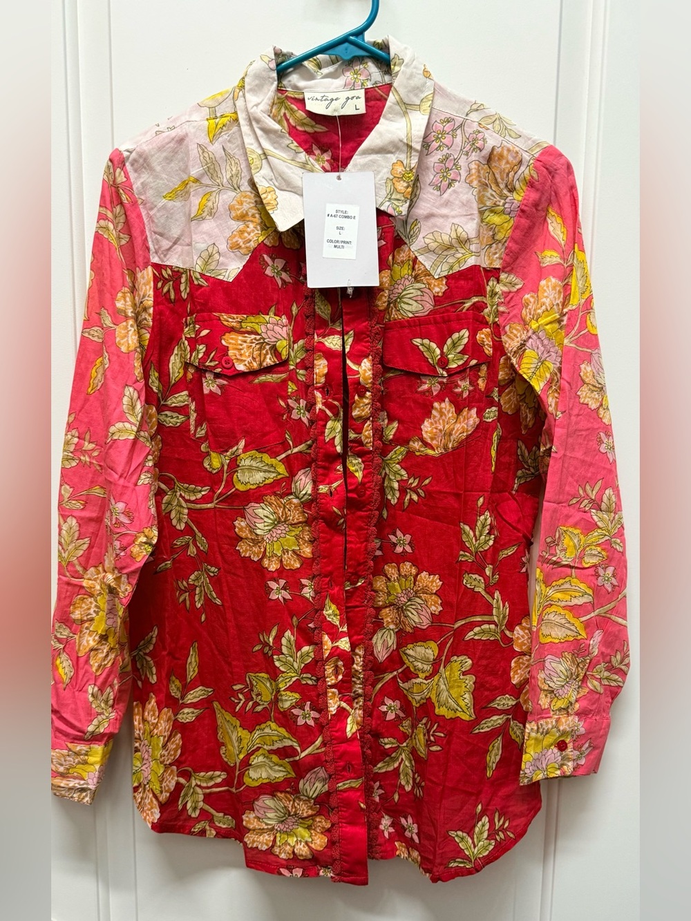 Vintage Goa Western Girly  Floral Button-Up in Red and Pink Large NWT